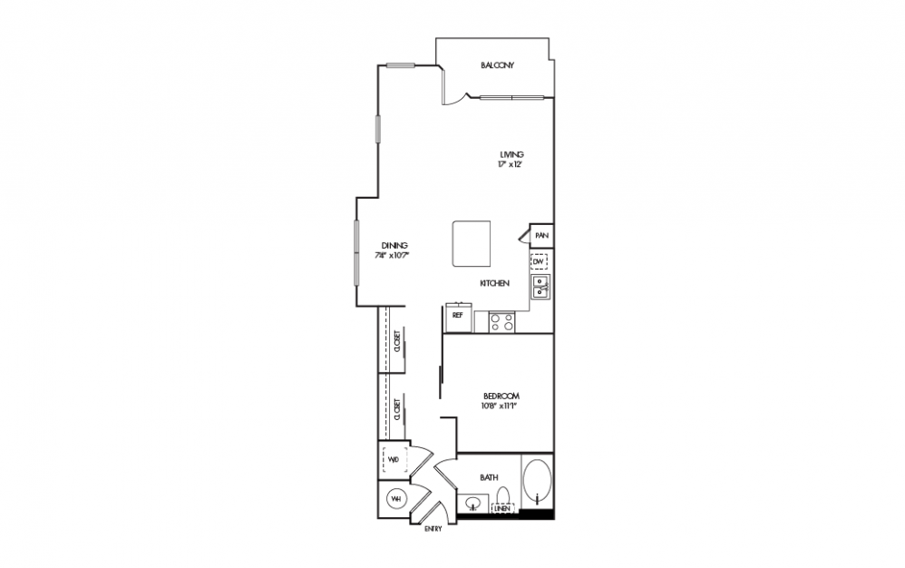 A11 - 1 bedroom floorplan layout with 1 bath and 726 square feet.