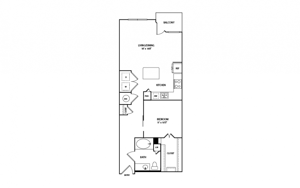 A12 - 1 bedroom floorplan layout with 1 bath and 739 square feet.
