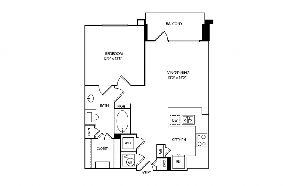 A15 - 1 bedroom floorplan layout with 1 bath and 742 square feet.