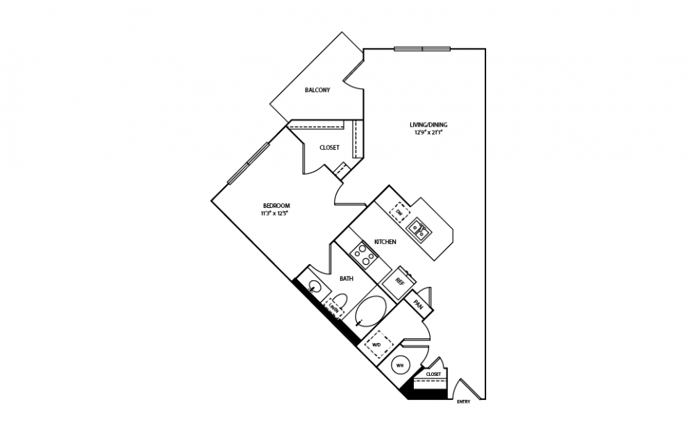 A16 - 1 bedroom floorplan layout with 1 bath and 744 square feet.