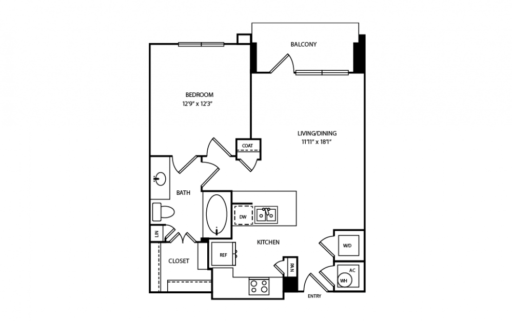 A23 - 1 bedroom floorplan layout with 1 bath and 760 square feet.