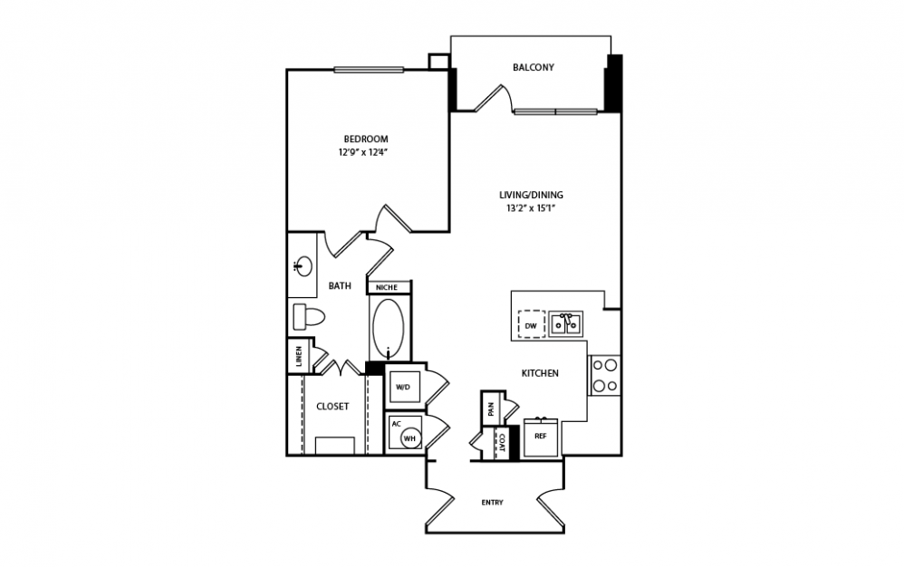 A25 - 1 bedroom floorplan layout with 1 bath and 801 square feet.