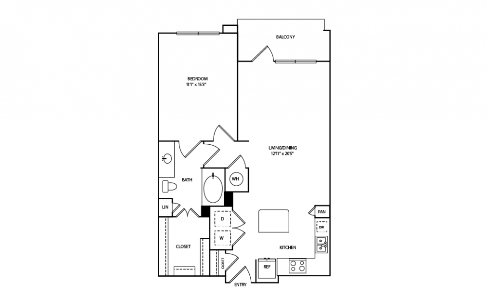 A26 - 1 bedroom floorplan layout with 1 bath and 827 square feet.