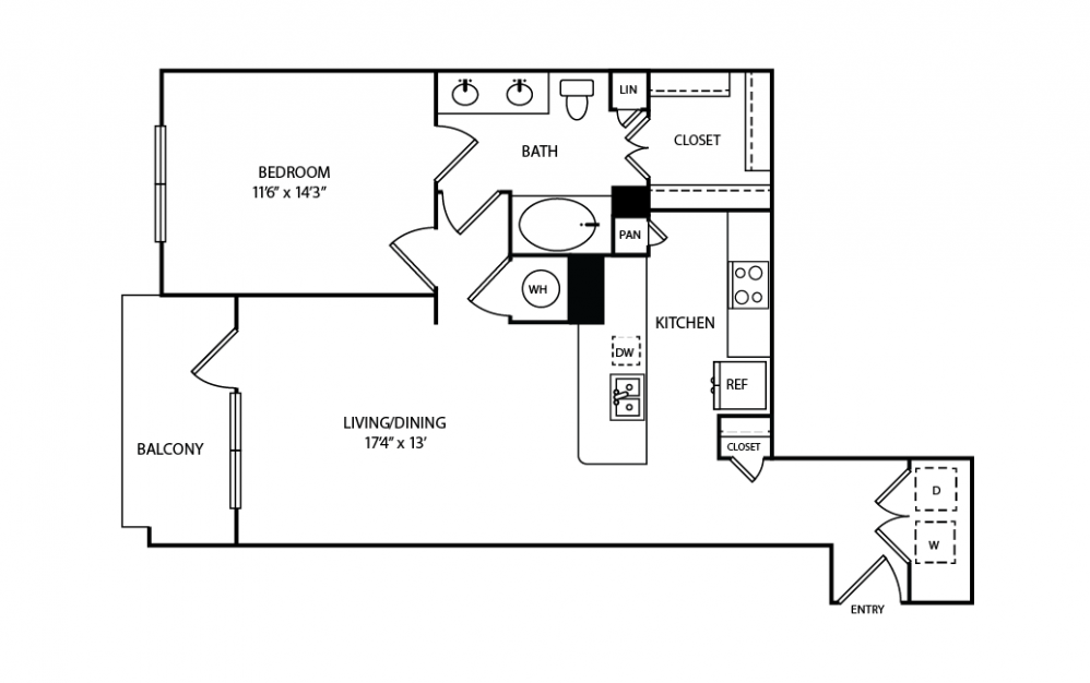 A28 - 1 bedroom floorplan layout with 1 bath and 833 square feet.
