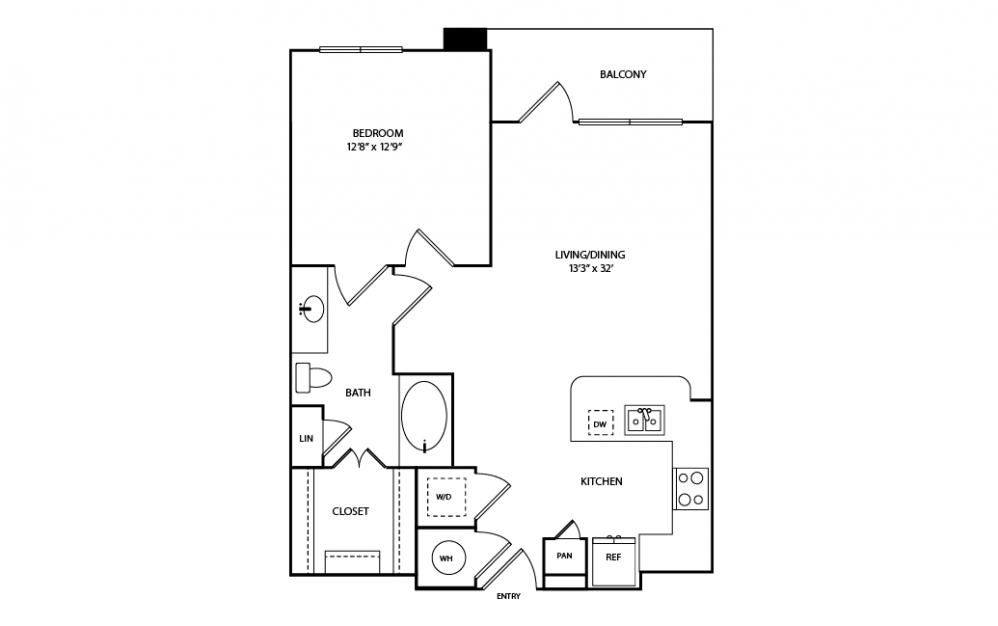 A6 - 1 bedroom floorplan layout with 1 bath and 708 square feet.