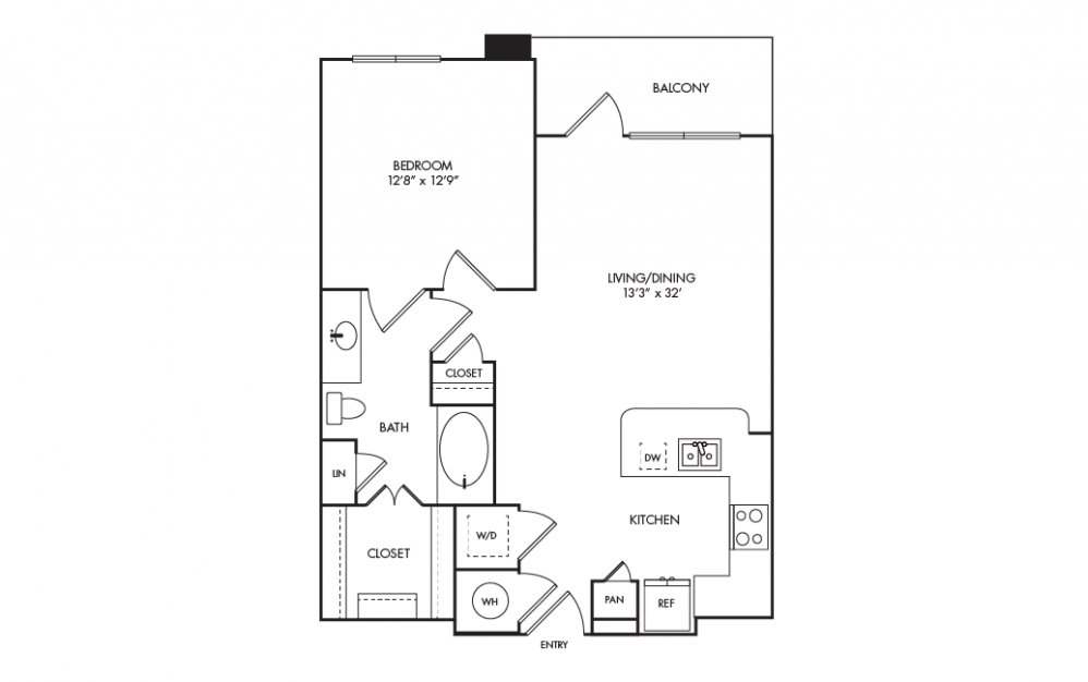 A9 - 1 bedroom floorplan layout with 1 bath and 725 square feet.