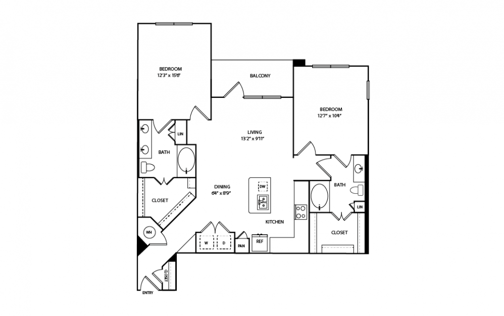 B10 - 2 bedroom floorplan layout with 2 baths and 1219 square feet.