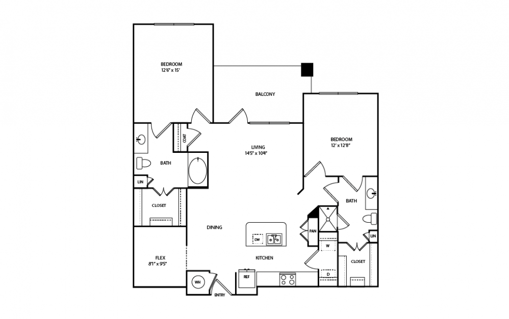 B11 - 2 bedroom floorplan layout with 2 baths and 1222 square feet.