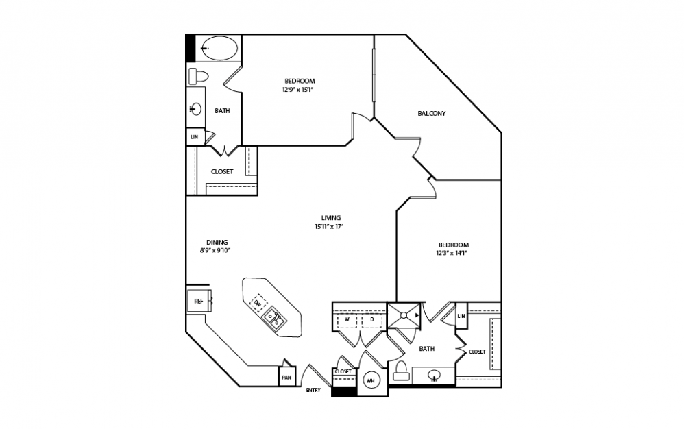 B12 - 2 bedroom floorplan layout with 2 baths and 1259 square feet.