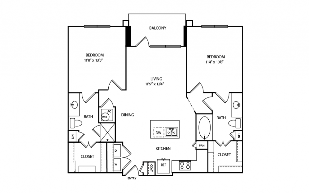 B1 - 2 bedroom floorplan layout with 2 baths and 1028 square feet.