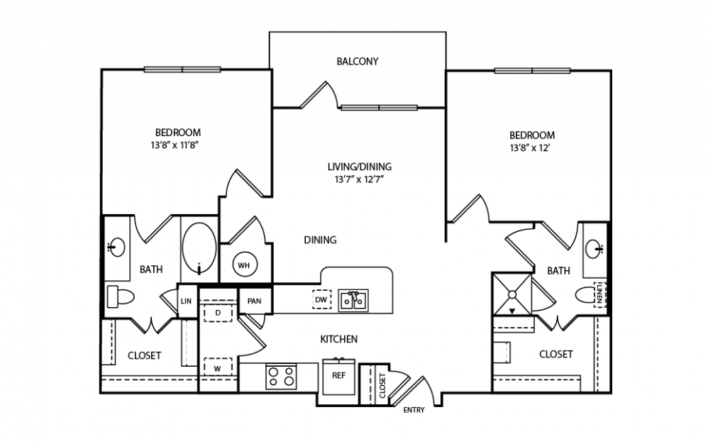 B2 - 2 bedroom floorplan layout with 2 baths and 1035 square feet.