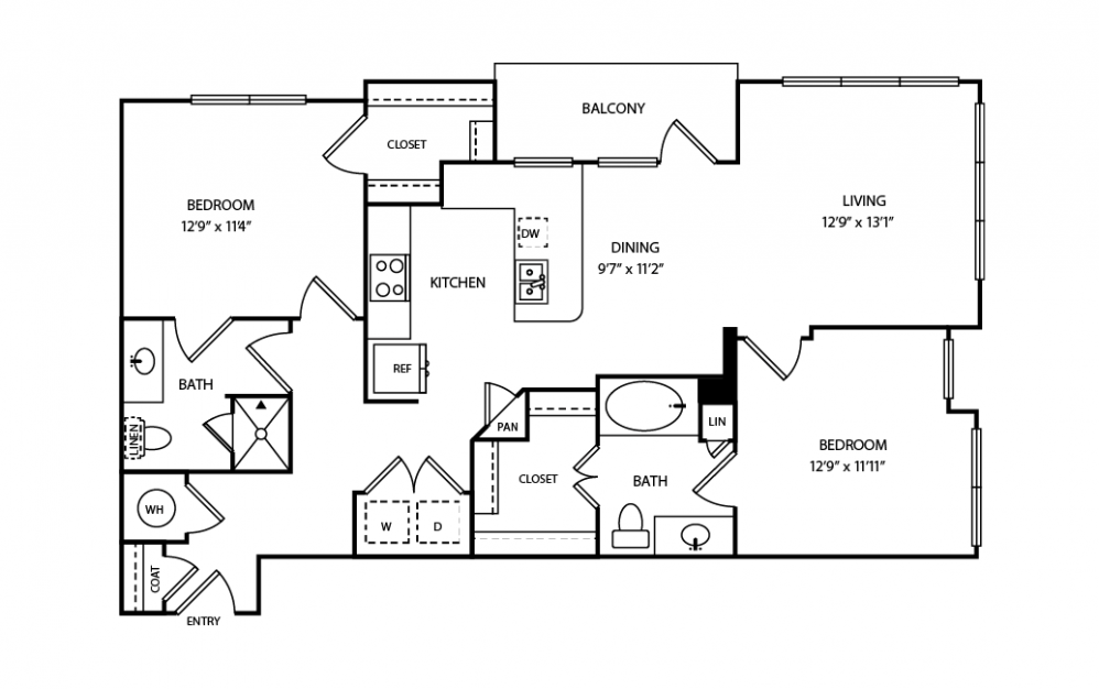 B4 - 2 bedroom floorplan layout with 2 baths and 1082 square feet.