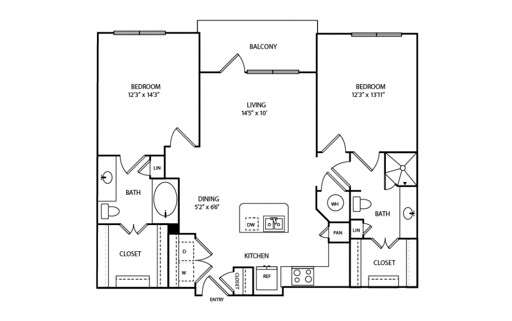 B5 - 2 bedroom floorplan layout with 2 baths and 1090 square feet.