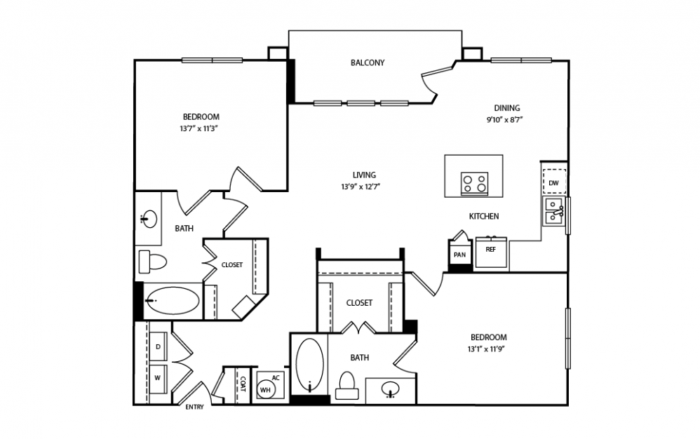B6 - 2 bedroom floorplan layout with 2 baths and 1093 square feet.
