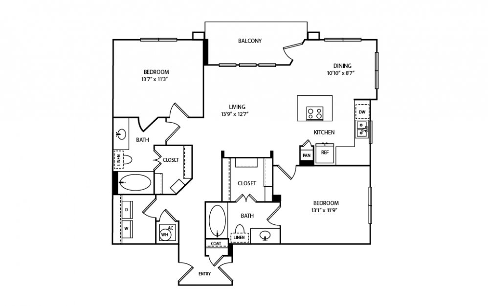 B8 - 2 bedroom floorplan layout with 2 baths and 1150 square feet.