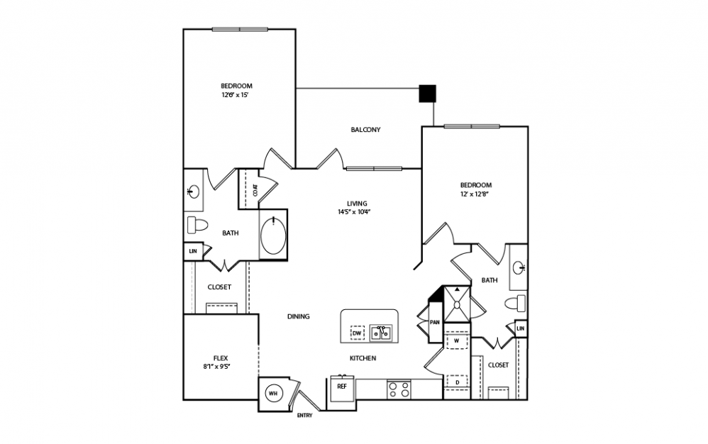 B9 - 2 bedroom floorplan layout with 2 baths and 1209 square feet.