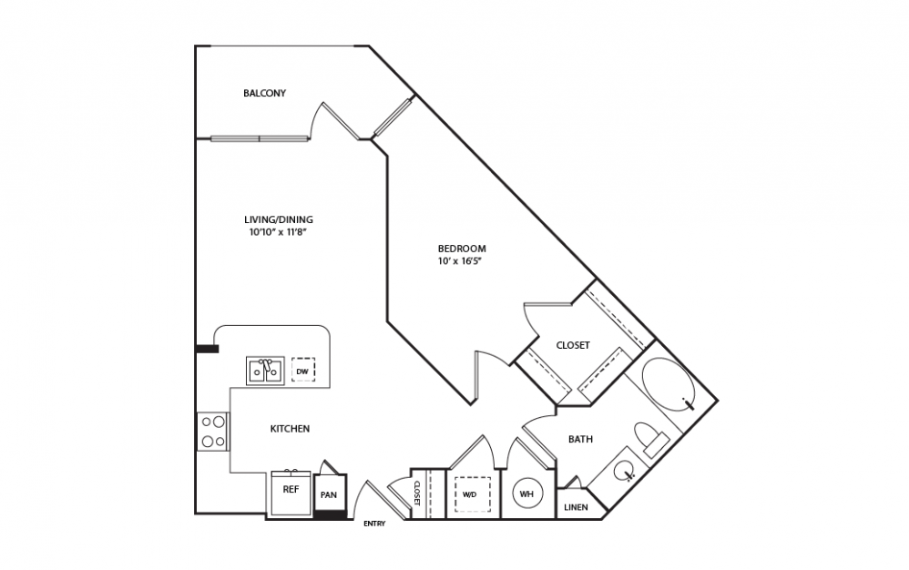 E1 - 1 bedroom floorplan layout with 1 bath and 667 square feet.