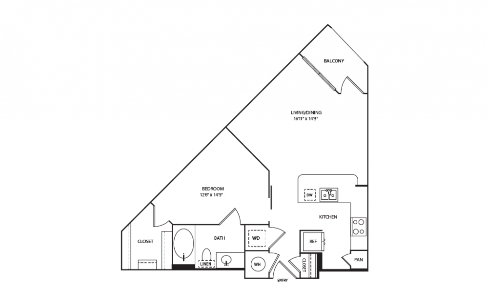 E2 - 1 bedroom floorplan layout with 1 bath and 668 square feet.